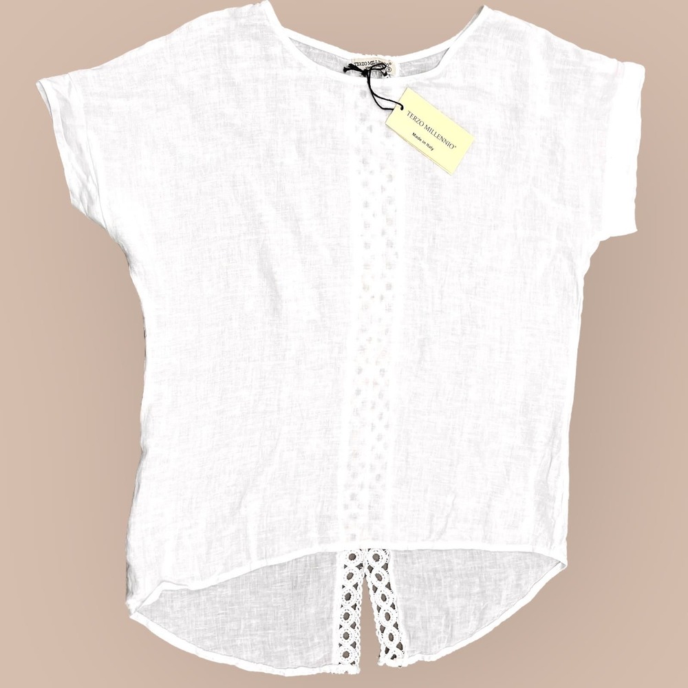 NWT Terzo Millenio white embroidered back linen top Size S